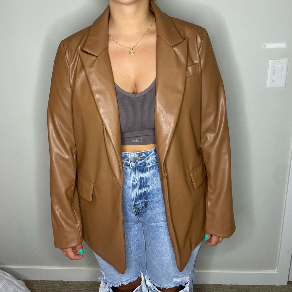 Brown leather blazer.